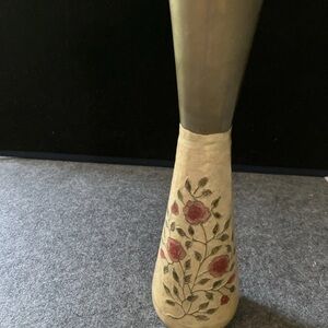 Vintage Solid Brass Cloisonné Vase Floral Hand Painted Roses, Vines India 11”